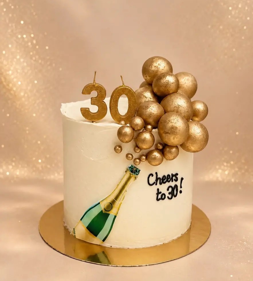Gâteau blanc et or avec bougies 30, perles dorées et bouteille de champagne